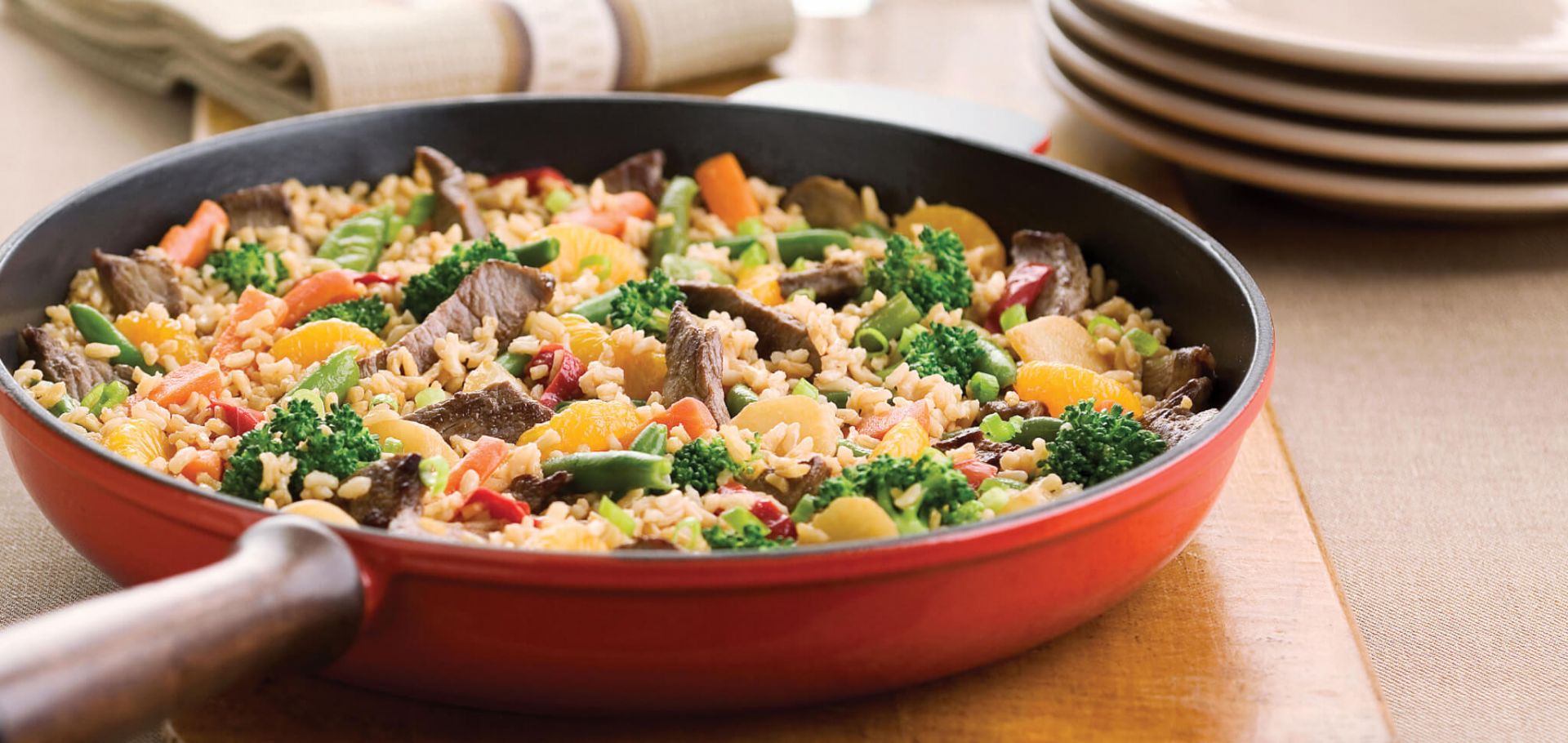 Beef Fried Rice in Red Frying Pan