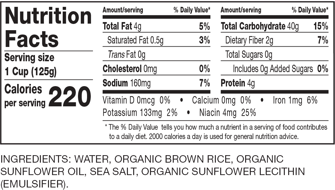 Nutrition Facts Organic Brown Rice Cups