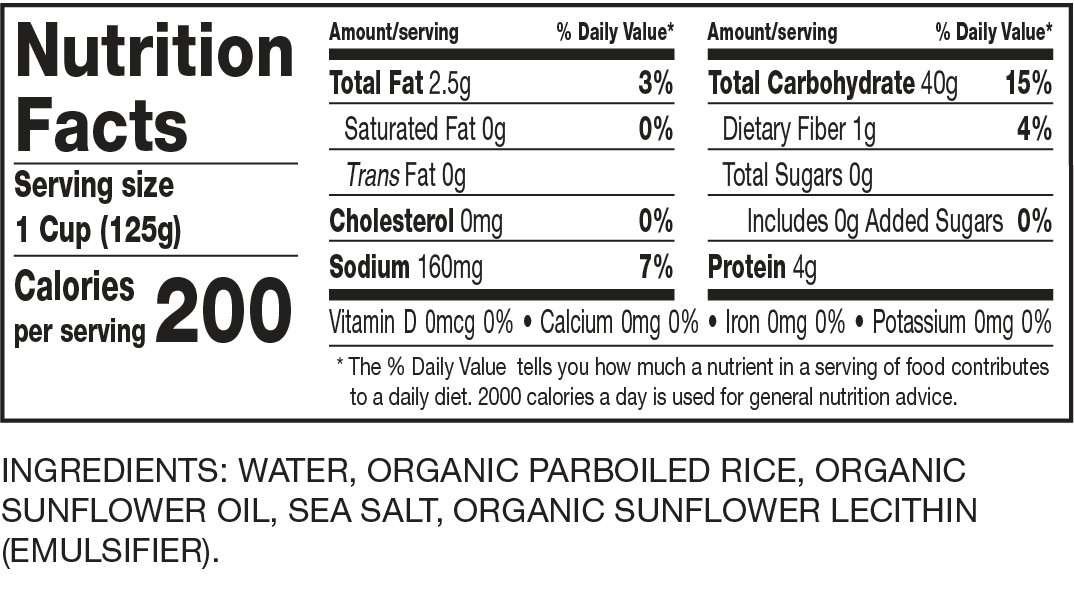 Nutrition Facts Organic White Rice Cups