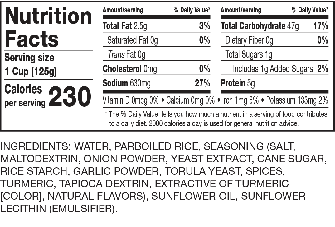 Nutrition Facts Yellow Rice Cups