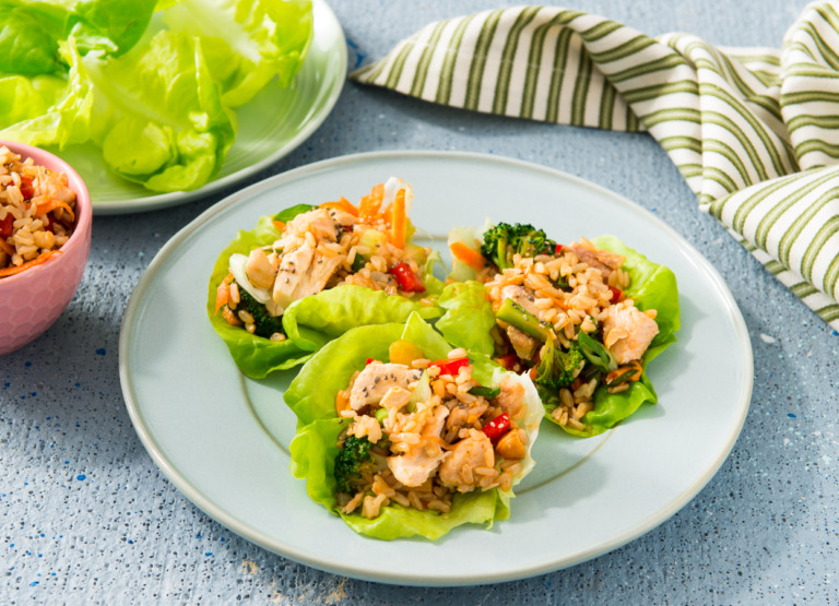 Sweet and Spicy Salmon and Brown Rice Lettuce Wraps
