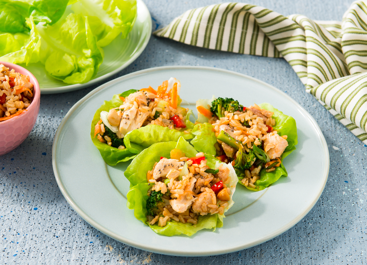 Sweet and Spicy Salmon and Brown Rice Lettuce Wraps