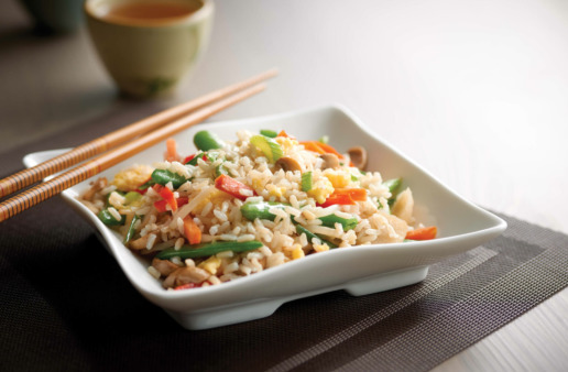 Veggie Fried Rice in Square Bowl with Chopsticks