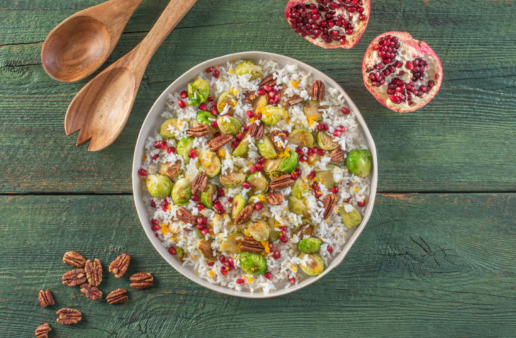 Roasted Brussels Sprouts and Rice with Vanilla Pecans
