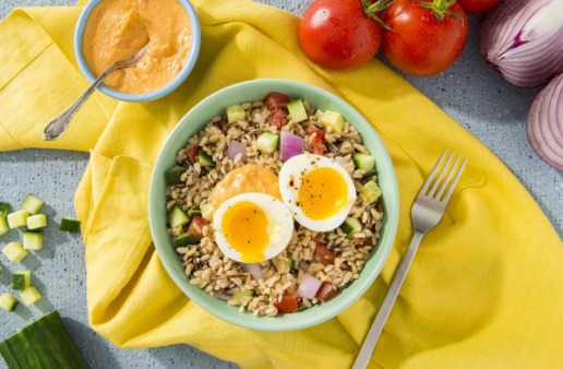 Brown-and-Wild-Rice-Bowl-with-Hummus-Fresh-Vegetables-and-Poached-Egg