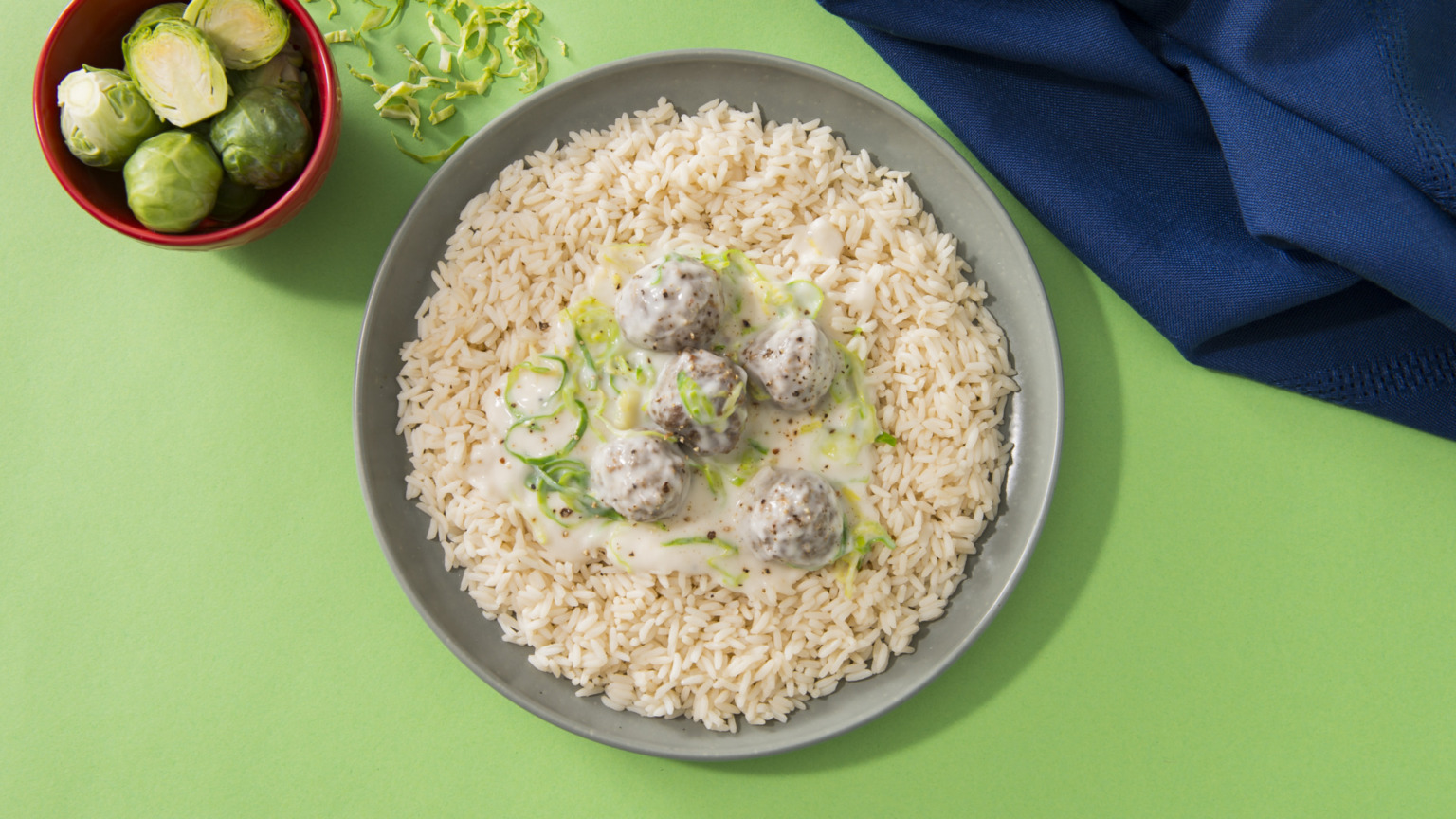 Shredded Brussels Sprouts and Meatball Rice