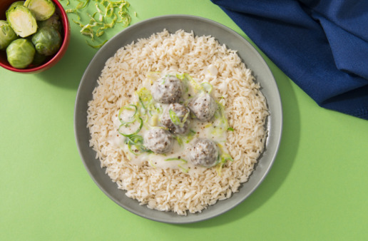 Shredded Brussels Sprout and Meatball Rice
