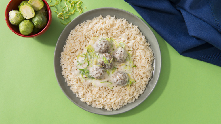 Shredded Brussels Sprouts and Meatball Rice
