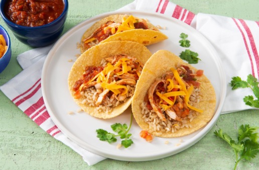 Soft-tacos-with-chicken-salsa-taco-seasoning-corn-tortillas-cheddar-cheese-and-brown-rice