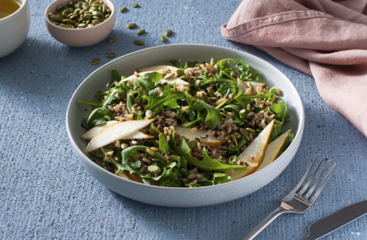 vegetarian-rice-salad-with-a-miltigrain-medley-pear-arugula-and-pumpkin-seeds