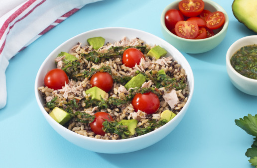tuna-salad-with-brown-rice-quinoa-cherry-tomatoes-avocado-and-chimichurri-sauce