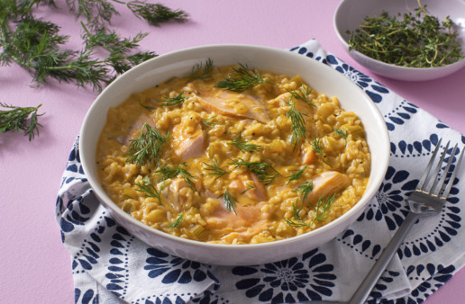 salmon-chowder-with-jasmine-rice-topped-with-fresh-dill