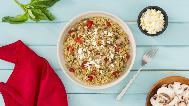 Pesto Rice with Roasted Red Peppers, Mushrooms and Feta