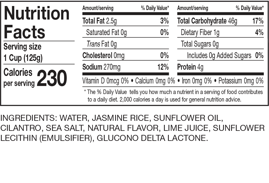 Nutrition Facts Cilantro & Lime Jasmine Rice Cups