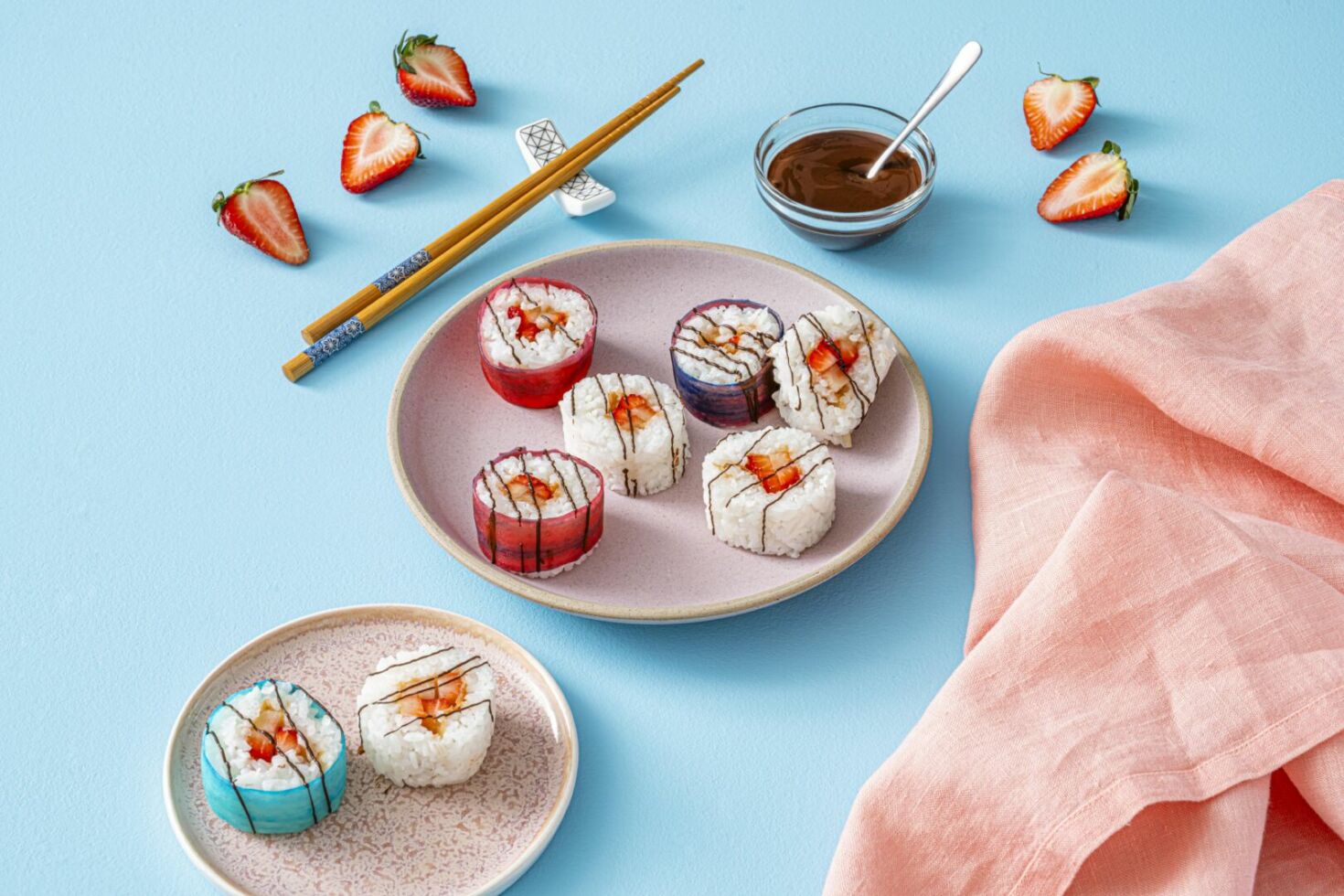 Chocolate Drizzled Fruit Sushi Rolls